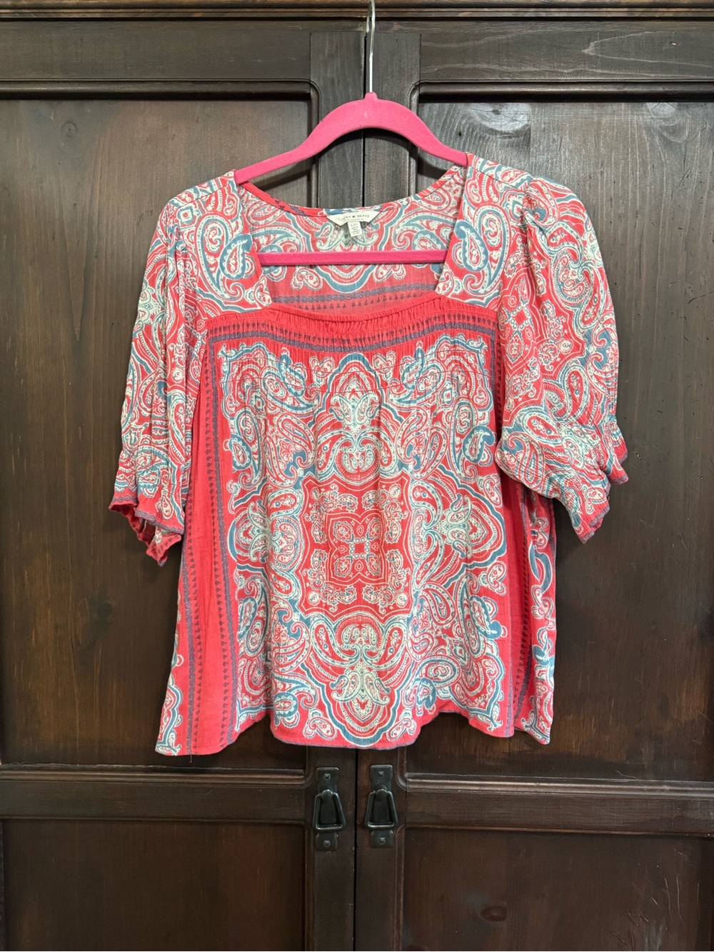 Lucky Brand Paisley Square-Neck Coral Peasant Blouse size Large Boho